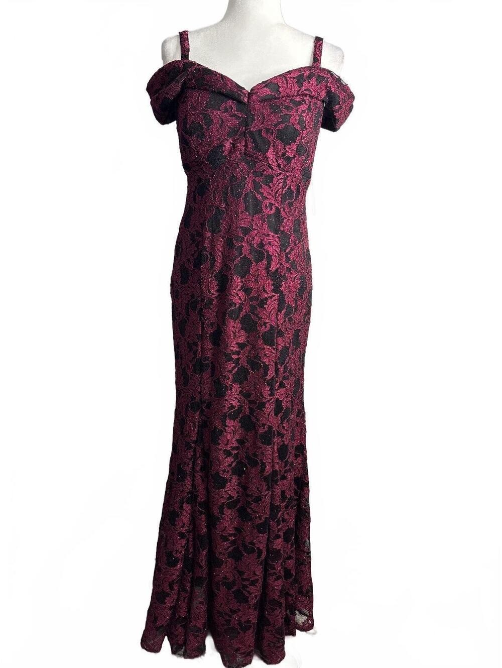 R&M Richards Elegant Burgundy and Black Lace Off-Shoulder Evening Dress Size 10